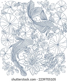 Coloring book for adults lotus flowers and goldfish in vintage style