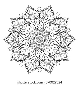 Coloring book for adults with love hearts. Round mandala element. Anti stress and relaxation