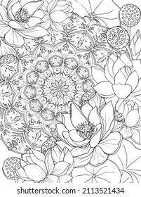 Coloring book for adults Mandala in the center and a beautiful lotus. Vector illustration. Doodle coloring page.