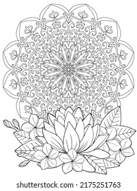 Libro de Colores para adultos Mandala en el centro y un hermoso loto. Página de coloreado de Doodle.