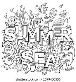 Coloring book for adults for meditation and relax. Summer sea. Tropical fish, nemo fish, jellyfish, corals and seashells.