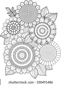 Coloring book adults meditation and relax. T-shirt graphic design. Print for summer Clothing. Isolated vector sunflower pattern