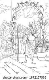 Coloring book for adults. Monk. Vector black and white illustration. Monk at the temple in the mountains.