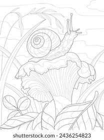 Coloring book for adults. Nature.  Snail sits on a mushroom. Vector image.