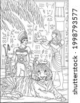 Coloring book for adults. Nifertiti on the throne. Big tiger. Egypt. Ancient world. Vector image.