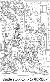 Coloring book for adults. Nifertiti on the throne. Big tiger. Egypt. Ancient world. Vector image.