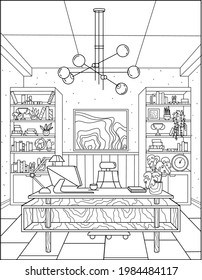 Coloring book for adults. Office, workspace, table and armchair, beautiful lamp. Vector black and white image. Room, interior.