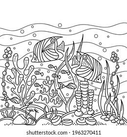 Coloring book for adults and older children. Multi-layer Doodles of the underwater world, sea, ocean, river . Fish, shells and corals, algae and waves. . Aquariums. Hand-drawn vector illustration