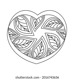 Coloring book for adults and older children. The heart is decorated with leaves .The concept of environmental protection. Vector