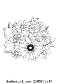 Coloring book for adults. Coloring page with flowers. Vector illustration. Beautiful Flowers with Leaves. Floral Adult Coloring Pages . Printable Adult Coloring Page.