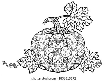 Coloring book for adults. Pumpkin in mandala style with detailed patterns for Halloween and Thanksgiving day