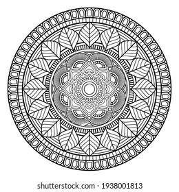 Coloring book for adults relaxing and meditating, Hindu symbol, henna vector black and white round mandala