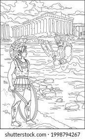 
Coloring book for adults. Roman in Greece. Neptune Poseidon God. Ancient world. Black and white vector illustration.