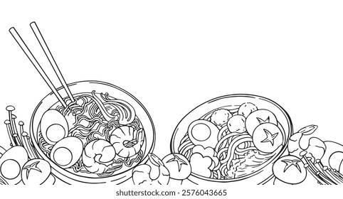 coloring book for adults. seamless border with asian cuisine, bowls with noodles and ramen ingredients. vector illustration in doodle style, line drawing