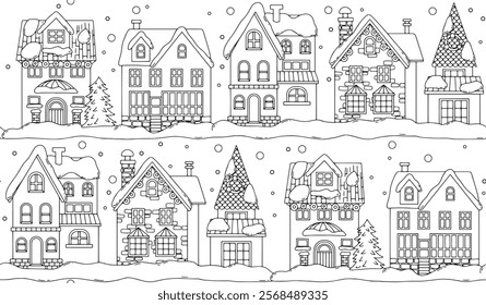 Coloring book for adults, seamless pattern of cute Christmas houses. vector illustration in doodle style.