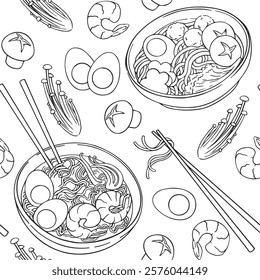 coloring book for adults. seamless pattern with asian cuisine, bowls with noodles and ramen ingredients. vector illustration in doodle style, line drawing