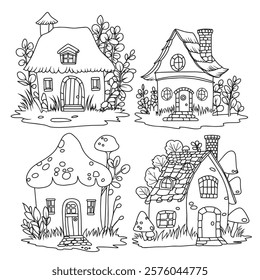 coloring book for adults. set of cute forest houses. vector illustration in doodle style, line drawing