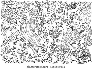 Coloring book for adults. Set of plant elements. Flowers, leaves, buds, grass. Hand drawn. Black and white vector illustration.