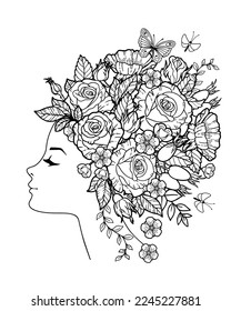 Coloring book for adults. Silhouette of head woman with a flowers instead hairstyle braided in the hair of roses flowers. Vector black contour illustration on a white background