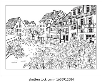 Coloring book for adults, small town . pen and ink illustration, line drawing