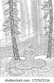 Coloring book for adults with snake in a coniferous forest in zentangle style