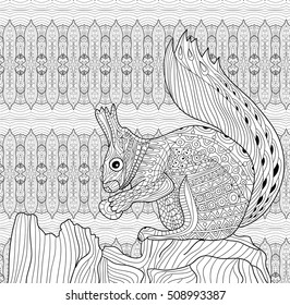 Coloring book for adults. Squirrel sits on a tree stump. Line art.
