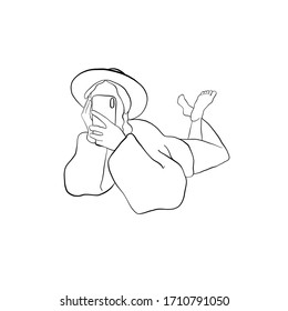 Coloring book for adults - stylish girl in  hat takes pictures on phone. 