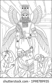 Coloring book for adults. Sumerians. Ancient world. People pray to the Sumerian god. Vector image.