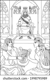 Coloring book for adults. Sumerians. Religion. Girls playing harps.Black and white vector image.