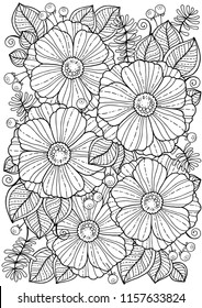 Coloring book for adults. Summer flowers. Vector isolated elements. Vector image for print on clothes, textiles, posters, invitations.