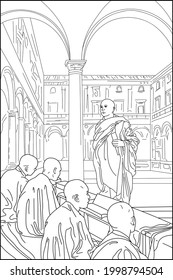 Coloring book for adults. Tibetan monks. The teacher is a monk. School of monks. Ancient world. Black and white vector illustration.