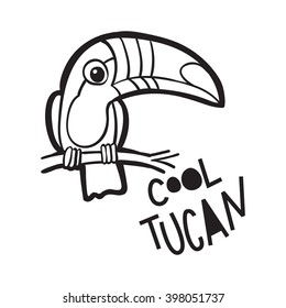 Coloring book for adults. Tropical Bird Toucan, in cartoon style. The phrase cool toucan. Suitable for print on t-shirt, poster jungle, postcard for children, coloring book for adult.