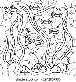 Libro de Colores para adultos , Subacuático. Motivo del vector marino dibujado a mano. Doodles del mundo submarino, mar, océano, río . Pescado, conchas y corales, algas y olas. Monocromo. Acuarios