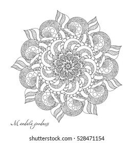 Coloring book for adults. Vector illustration for creative yoga. Circular mandala ornament in ethnic style. Hand drawing black and white.