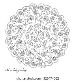 Coloring book for adults. Vector illustration for creative yoga. Circular mandala ornament in ethnic style. Hand drawing black and white. Graphic image
