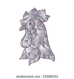 Coloring book for adults. Vector illustration for creative yoga. Hand drawing of Rooster. The symbol of the New year in the Chinese horoscope