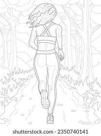 Coloring book for adults. Young woman jogging in the park.