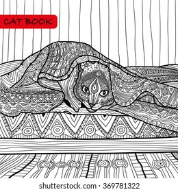 coloring book for adults - zentangle cat book,the cat on the bed, coloring book, coloring pages, coloring outline, line art coloring
