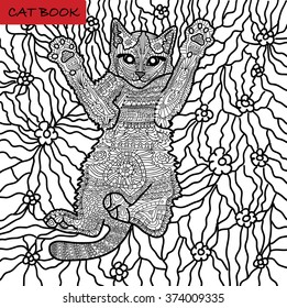 coloring book for adults - zentangle cat book, funny kitten on the bed, coloring book, coloring pages, coloring outline, line art coloring