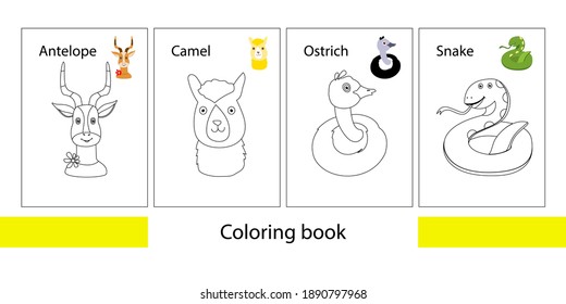 Coloring book with African animals. A set of four pages. Linear and color drawings are isolated on a white background. Vector, sizes for A5, A4 book format.