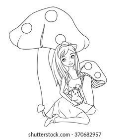 Coloring book: Alice in front mushroom holding rabbit wearing top hat