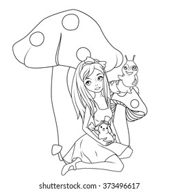 Coloring book: Alice in front mushroom holding rabbit wearing top hat