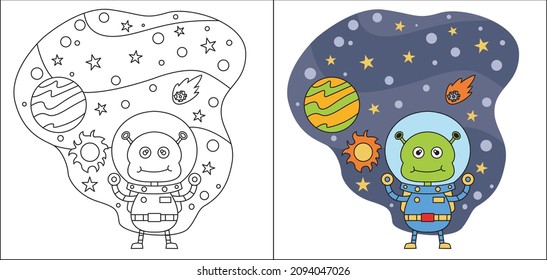 Coloring book of alien on space suitable for kids 