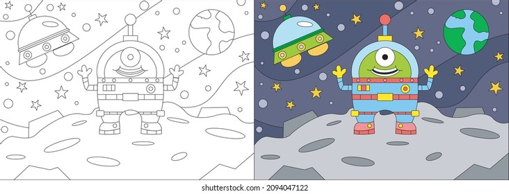 Coloring book of alien on space suitable for kids 