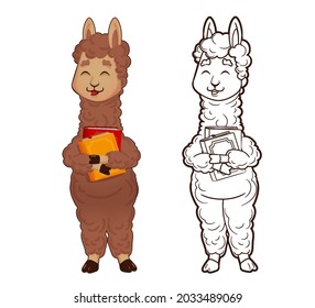 Coloring book: Alpaca llama is holding books, animal figure isolated. Vector illustration in cartoon style, flat