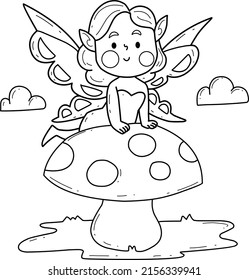 Coloring book alphabet. Isolated on white background. Vector cartoon fairy girl on mushroom.
