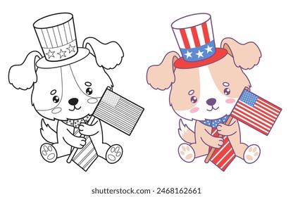 Coloring book. American patriotic dog in top hat and tie in colors of American flag. Cute cartoon animal character. Isolated color and line drawings. Holiday Independence Day. Vector illustration