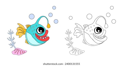 Coloring book Angler fish with shells, bubbles and algae in the ocean. For posters, prints on clothes. Vector