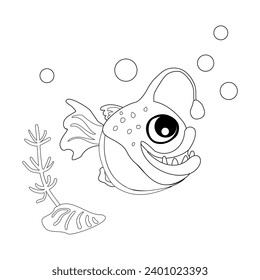 Coloring book Angler fish with shells, bubbles and algae in the ocean. For posters, prints on clothes. Vector