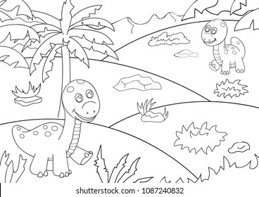 Coloring book animal with funny cartoon two dinosaur. Children's arts game. Happy dragons on tropical background. Entertainment for children. Drawing contour for coloring. Vector illustration.